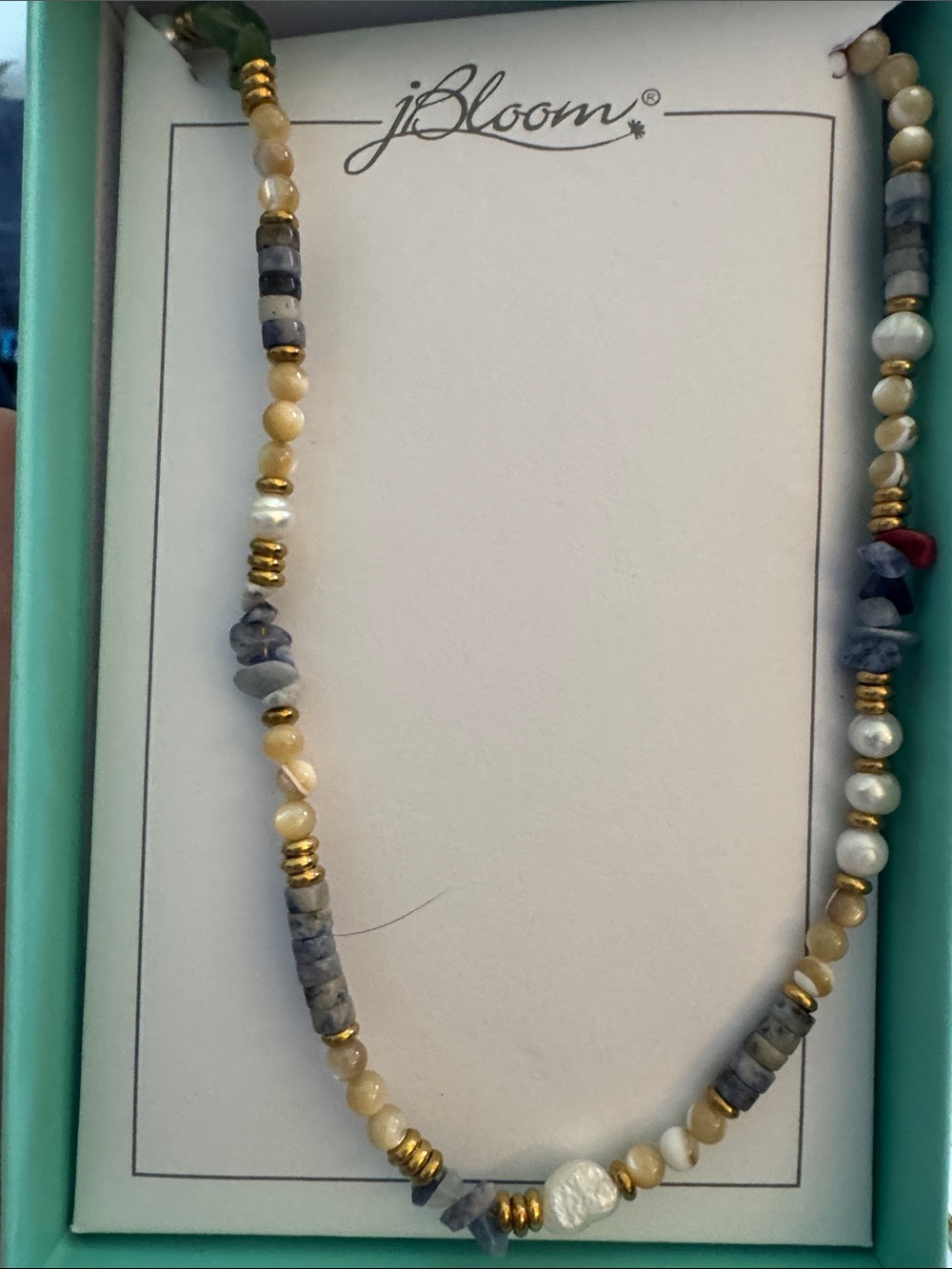 bloom Aria Cream Pearl & Blue Chip Necklace with Gold Accents Fashion Jewelry